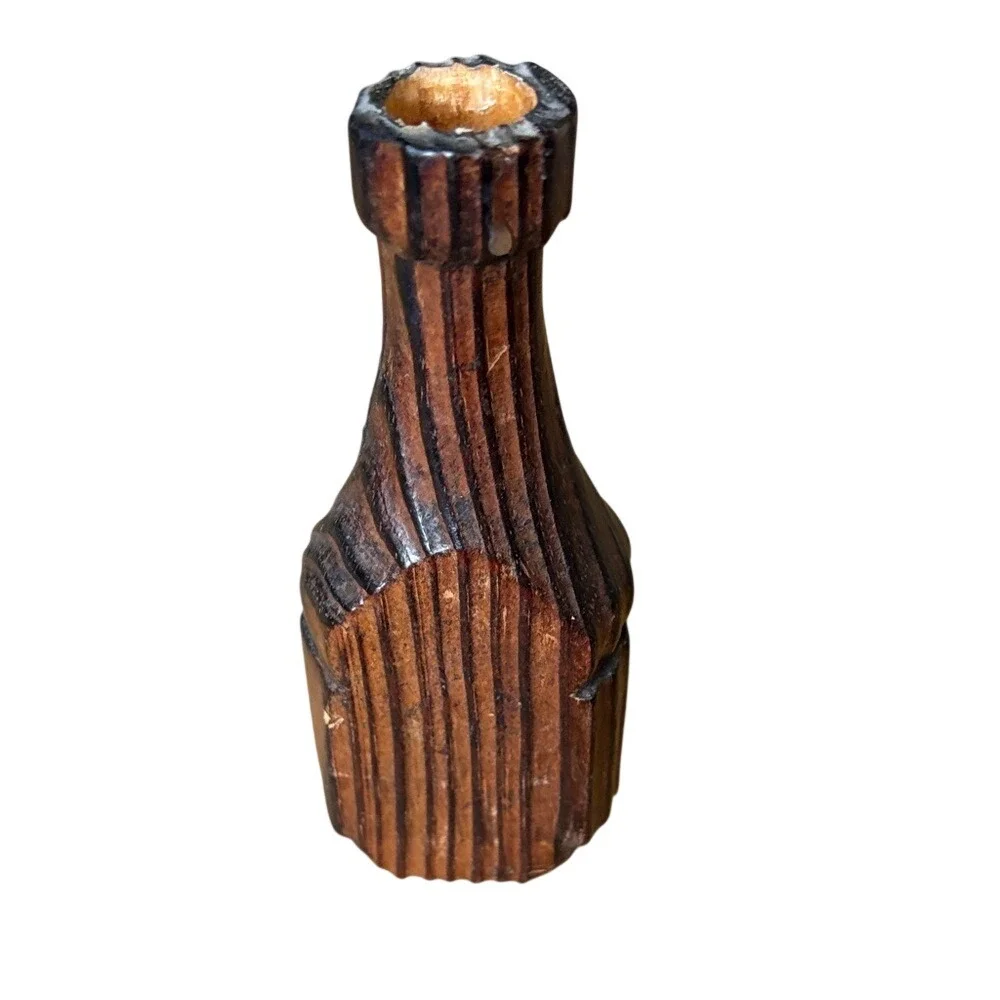 Vintage Wooden Hand Carved Bottle Taper Candle Holder w/Crest Accent 5.85